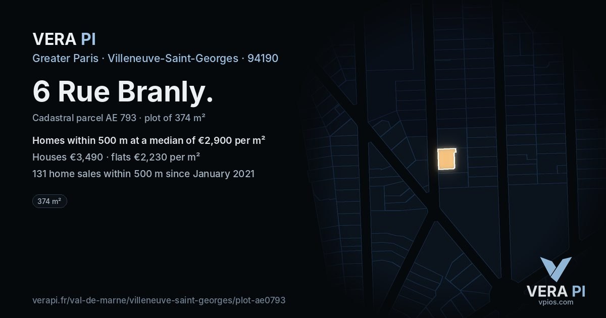 6 Rue Branly, Villeneuve-Saint-Georges at night – the plot lit, the parcels around coloured by the prices near them
