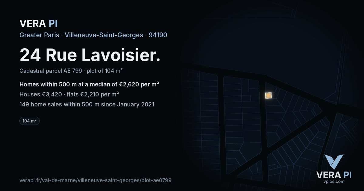24 Rue Lavoisier, Villeneuve-Saint-Georges at night – the plot lit, the parcels around coloured by the prices near them