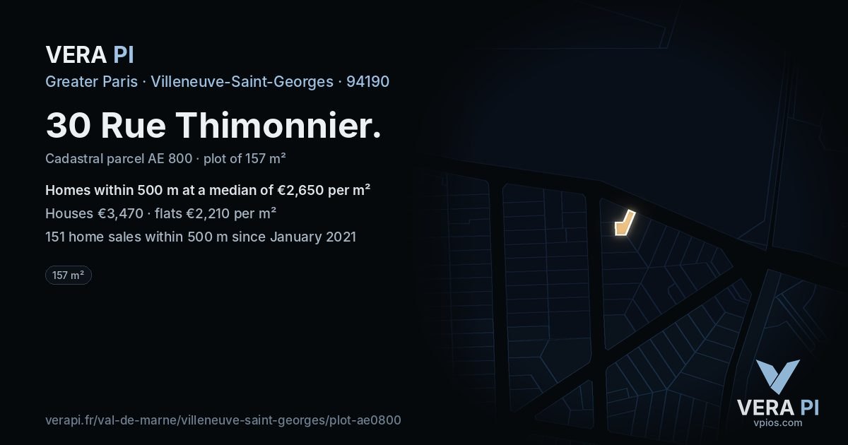 30 Rue Thimonnier, Villeneuve-Saint-Georges at night – the plot lit, the parcels around coloured by the prices near them