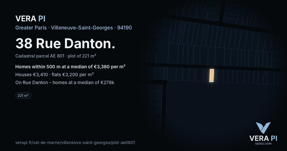 38 Rue Danton, Villeneuve-Saint-Georges at night – the plot lit, the parcels around coloured by the prices near them
