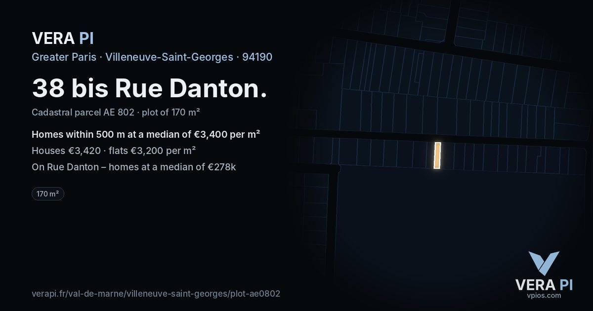38 bis Rue Danton, Villeneuve-Saint-Georges at night – the plot lit, the parcels around coloured by the prices near them
