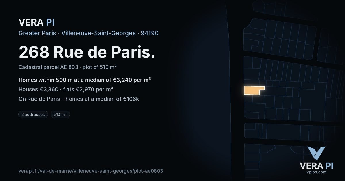268 Rue de Paris, Villeneuve-Saint-Georges at night – the plot lit, the parcels around coloured by the prices near them
