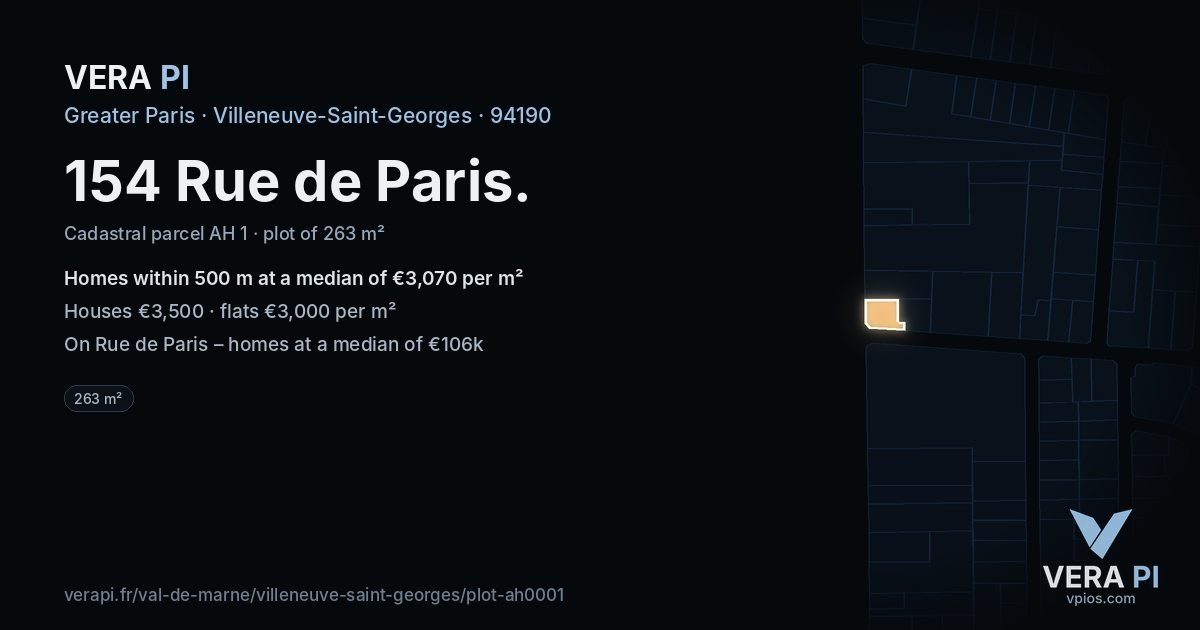154 Rue de Paris, Villeneuve-Saint-Georges at night – the plot lit, the parcels around coloured by the prices near them