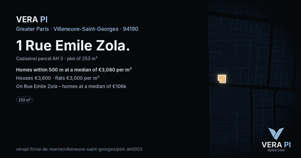 1 Rue Emile Zola, Villeneuve-Saint-Georges at night – the plot lit, the parcels around coloured by the prices near them