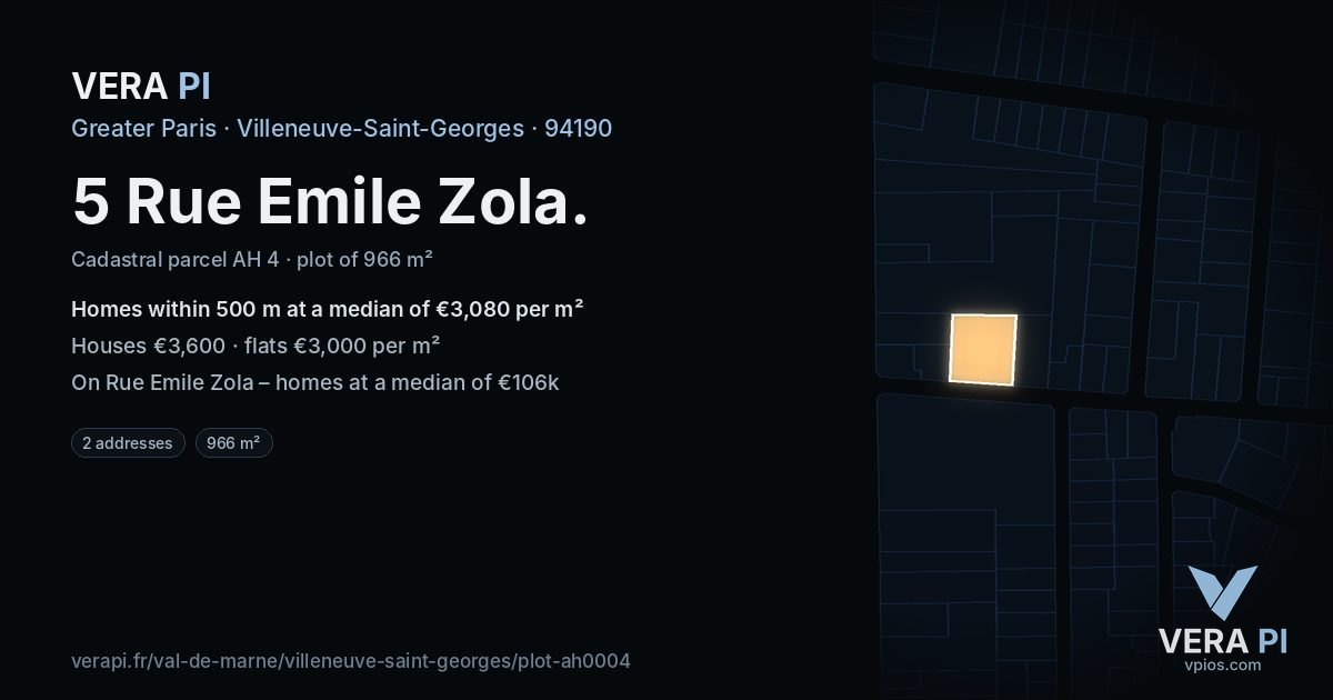 5 Rue Emile Zola, Villeneuve-Saint-Georges at night – the plot lit, the parcels around coloured by the prices near them