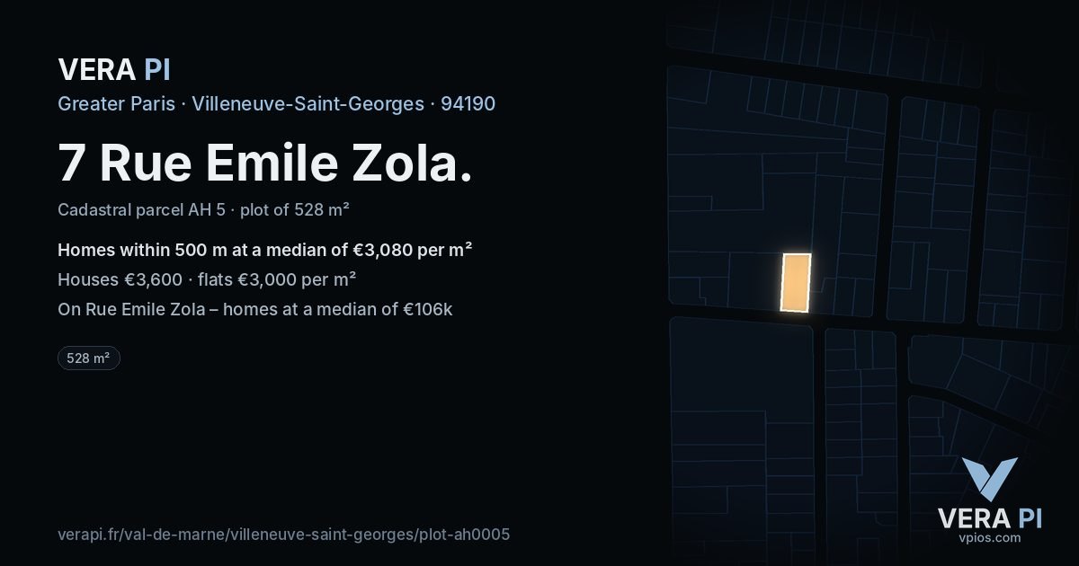 7 Rue Emile Zola, Villeneuve-Saint-Georges at night – the plot lit, the parcels around coloured by the prices near them