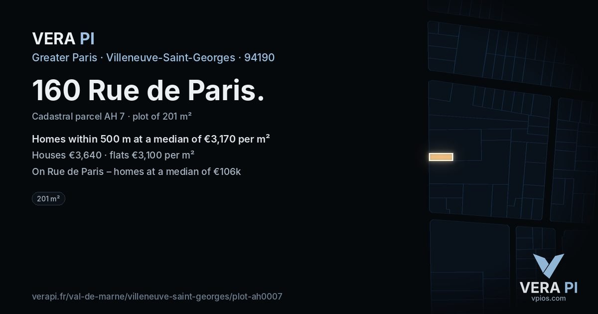 160 Rue de Paris, Villeneuve-Saint-Georges at night – the plot lit, the parcels around coloured by the prices near them