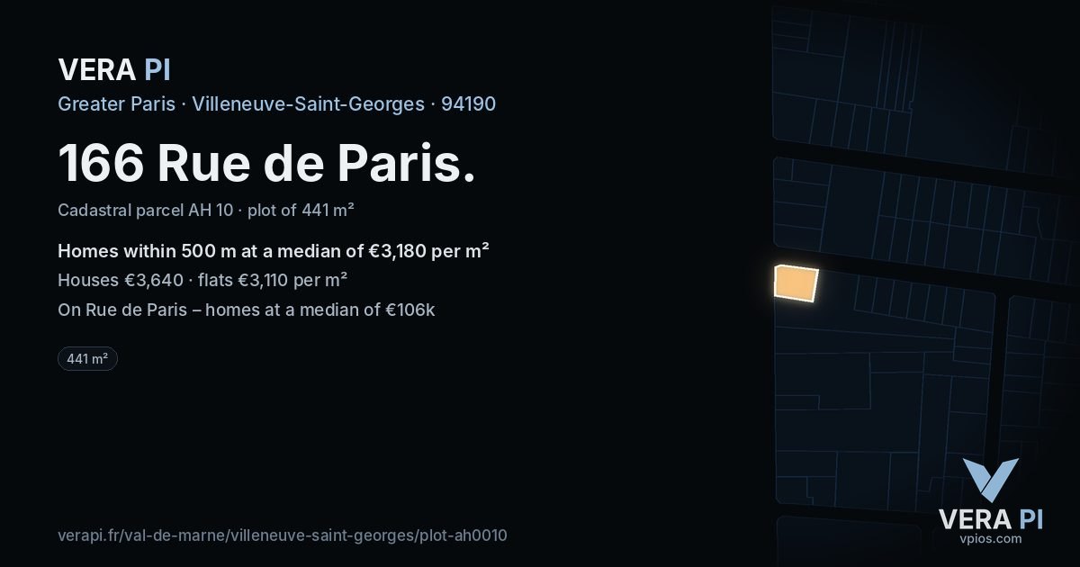 166 Rue de Paris, Villeneuve-Saint-Georges at night – the plot lit, the parcels around coloured by the prices near them