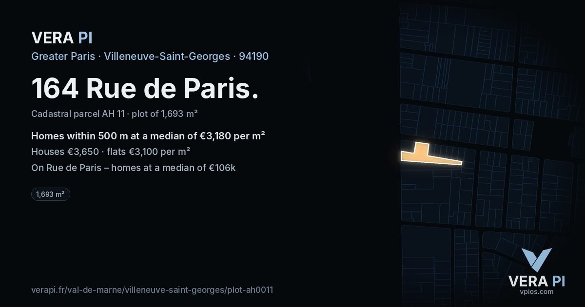 164 Rue de Paris, Villeneuve-Saint-Georges at night – the plot lit, the parcels around coloured by the prices near them