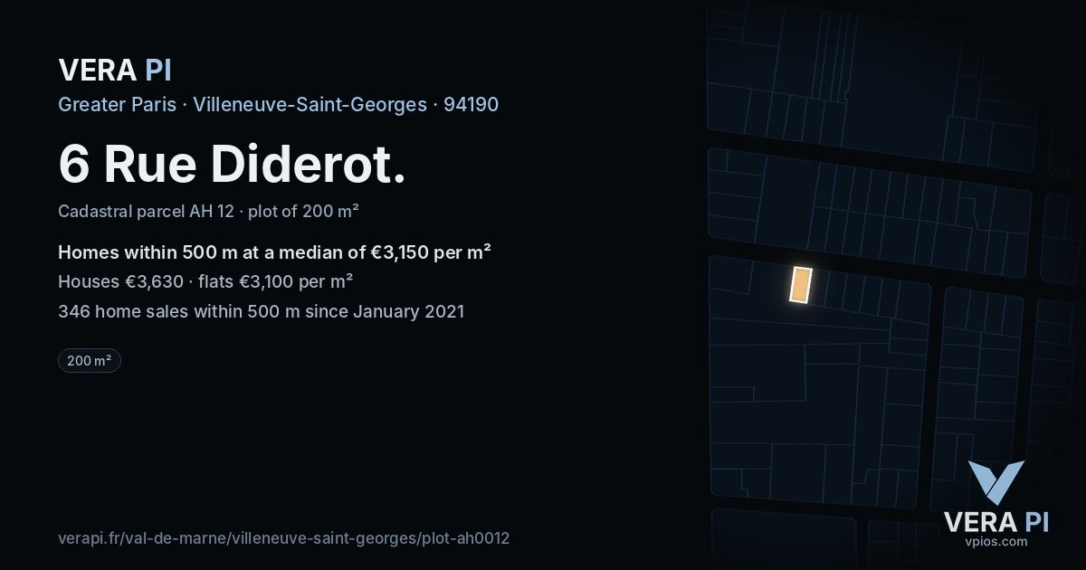 6 Rue Diderot, Villeneuve-Saint-Georges at night – the plot lit, the parcels around coloured by the prices near them