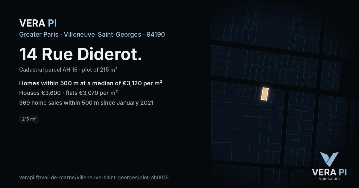 14 Rue Diderot, Villeneuve-Saint-Georges at night – the plot lit, the parcels around coloured by the prices near them