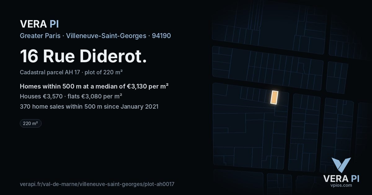 16 Rue Diderot, Villeneuve-Saint-Georges at night – the plot lit, the parcels around coloured by the prices near them