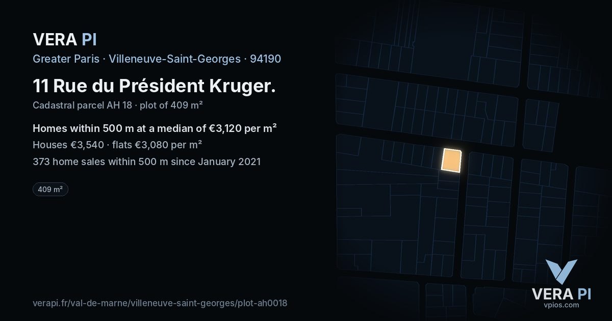 11 Rue du Président Kruger, Villeneuve-Saint-Georges at night – the plot lit, the parcels around coloured by the prices near them