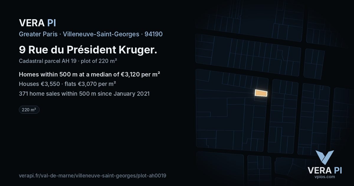 9 Rue du Président Kruger, Villeneuve-Saint-Georges at night – the plot lit, the parcels around coloured by the prices near them