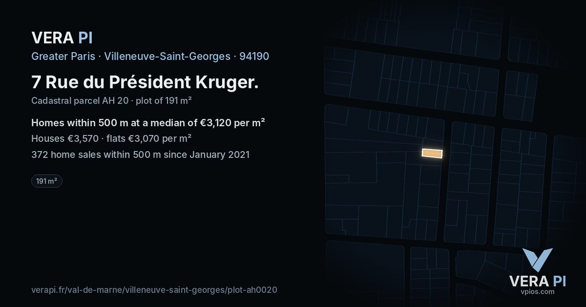 7 Rue du Président Kruger, Villeneuve-Saint-Georges at night – the plot lit, the parcels around coloured by the prices near them