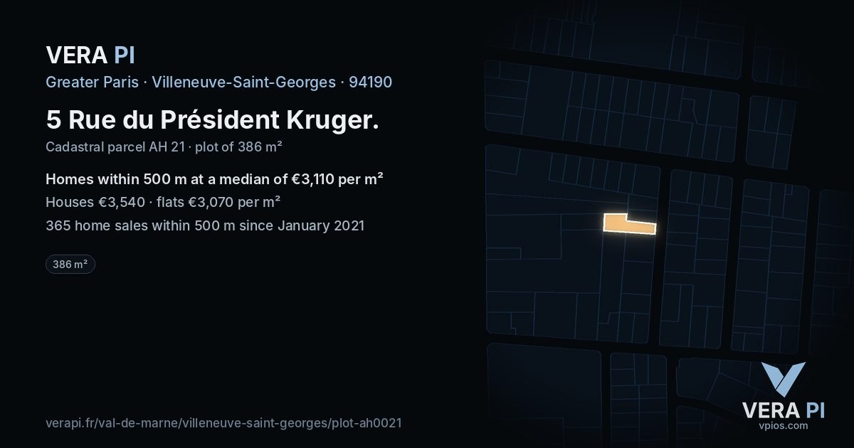 5 Rue du Président Kruger, Villeneuve-Saint-Georges at night – the plot lit, the parcels around coloured by the prices near them