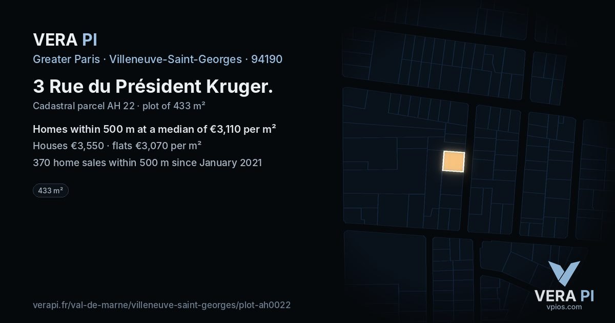 3 Rue du Président Kruger, Villeneuve-Saint-Georges at night – the plot lit, the parcels around coloured by the prices near them
