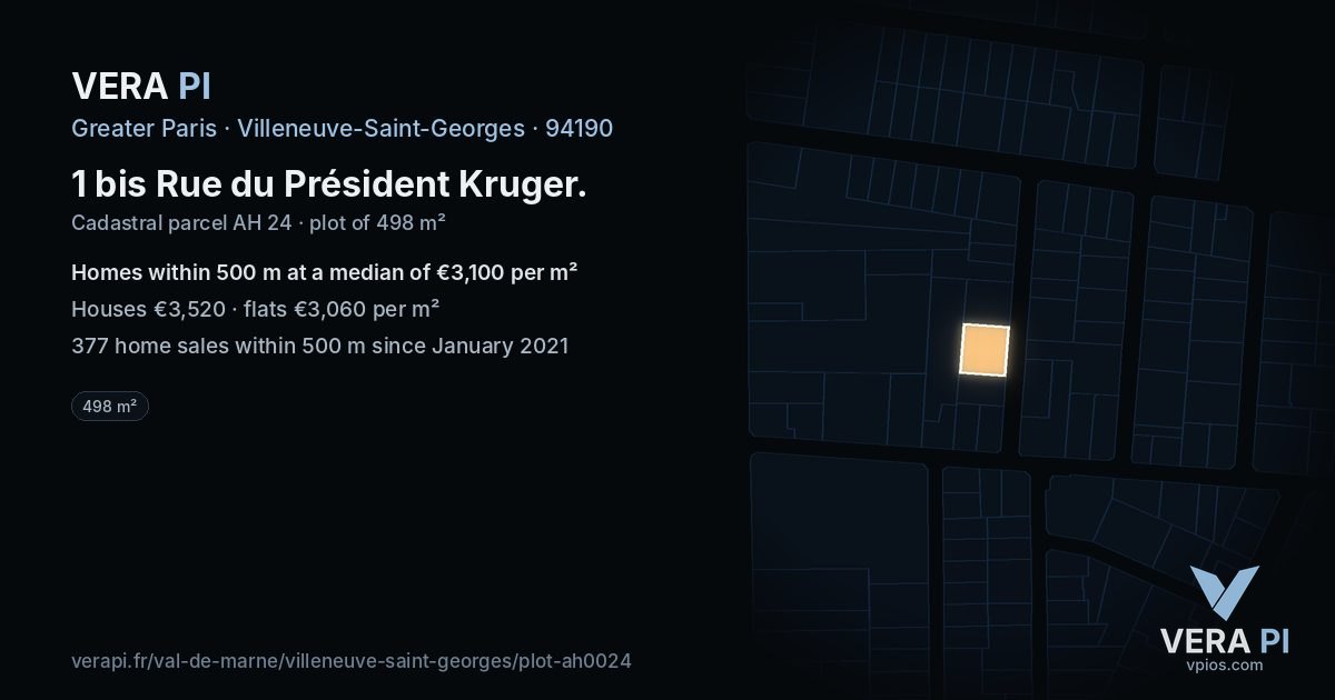 1 bis Rue du Président Kruger, Villeneuve-Saint-Georges at night – the plot lit, the parcels around coloured by the prices near them