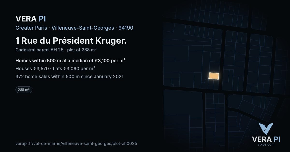 1 Rue du Président Kruger, Villeneuve-Saint-Georges at night – the plot lit, the parcels around coloured by the prices near them