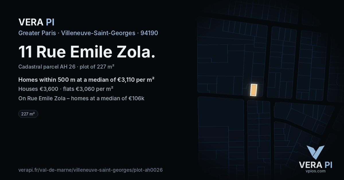11 Rue Emile Zola, Villeneuve-Saint-Georges at night – the plot lit, the parcels around coloured by the prices near them