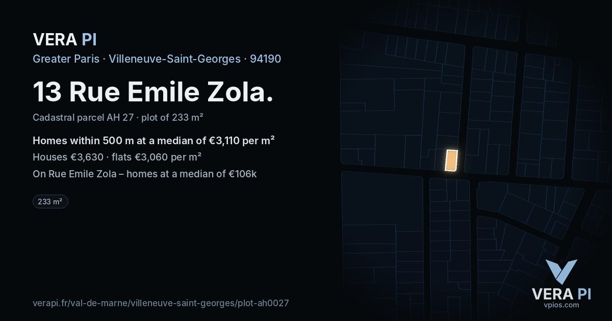 13 Rue Emile Zola, Villeneuve-Saint-Georges at night – the plot lit, the parcels around coloured by the prices near them