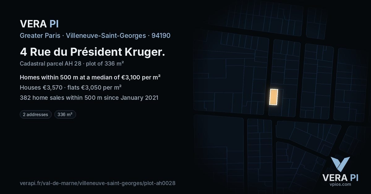 4 Rue du Président Kruger, Villeneuve-Saint-Georges at night – the plot lit, the parcels around coloured by the prices near them