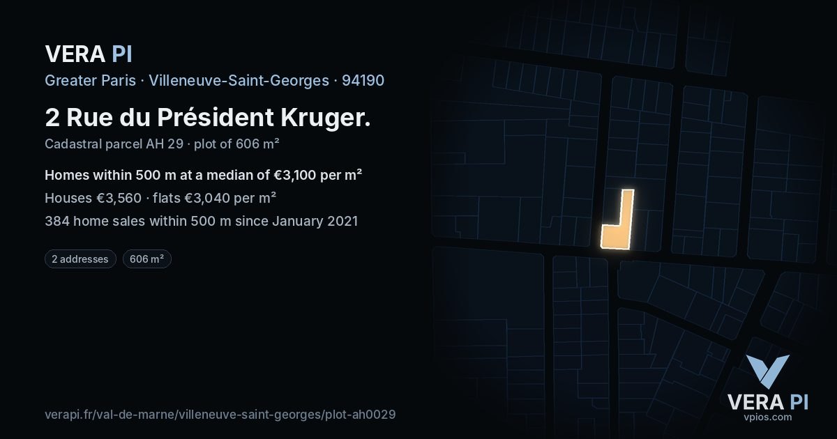 2 Rue du Président Kruger, Villeneuve-Saint-Georges at night – the plot lit, the parcels around coloured by the prices near them