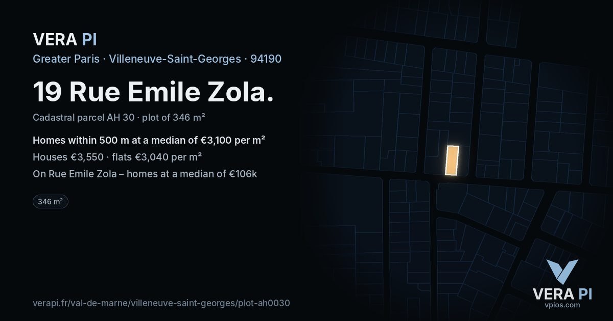19 Rue Emile Zola, Villeneuve-Saint-Georges at night – the plot lit, the parcels around coloured by the prices near them
