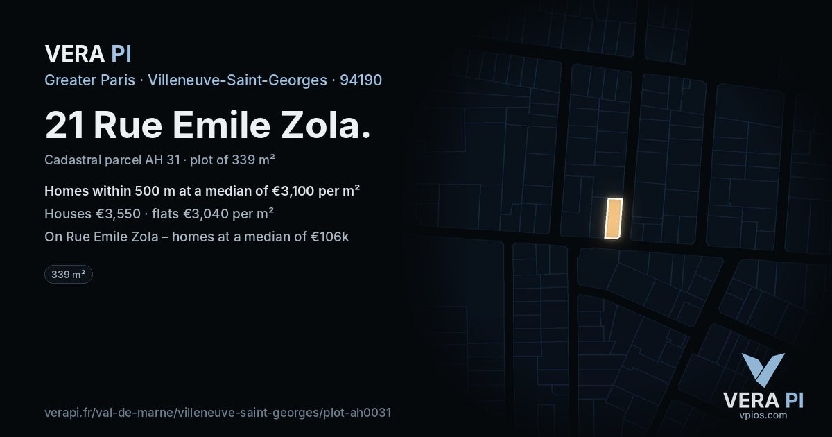 21 Rue Emile Zola, Villeneuve-Saint-Georges at night – the plot lit, the parcels around coloured by the prices near them