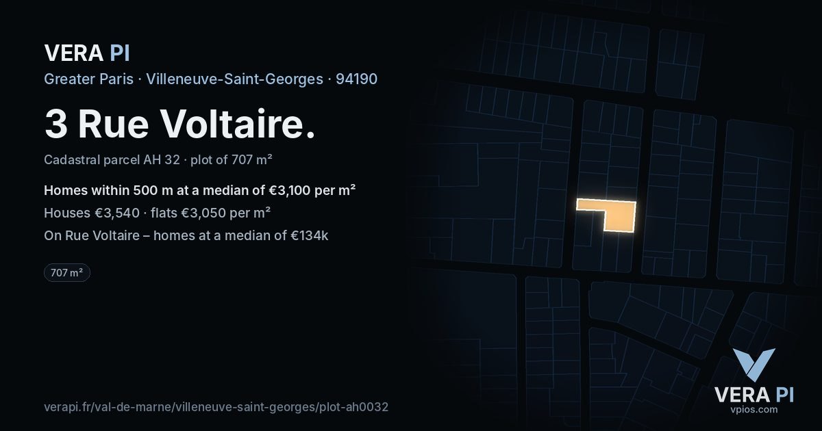3 Rue Voltaire, Villeneuve-Saint-Georges at night – the plot lit, the parcels around coloured by the prices near them