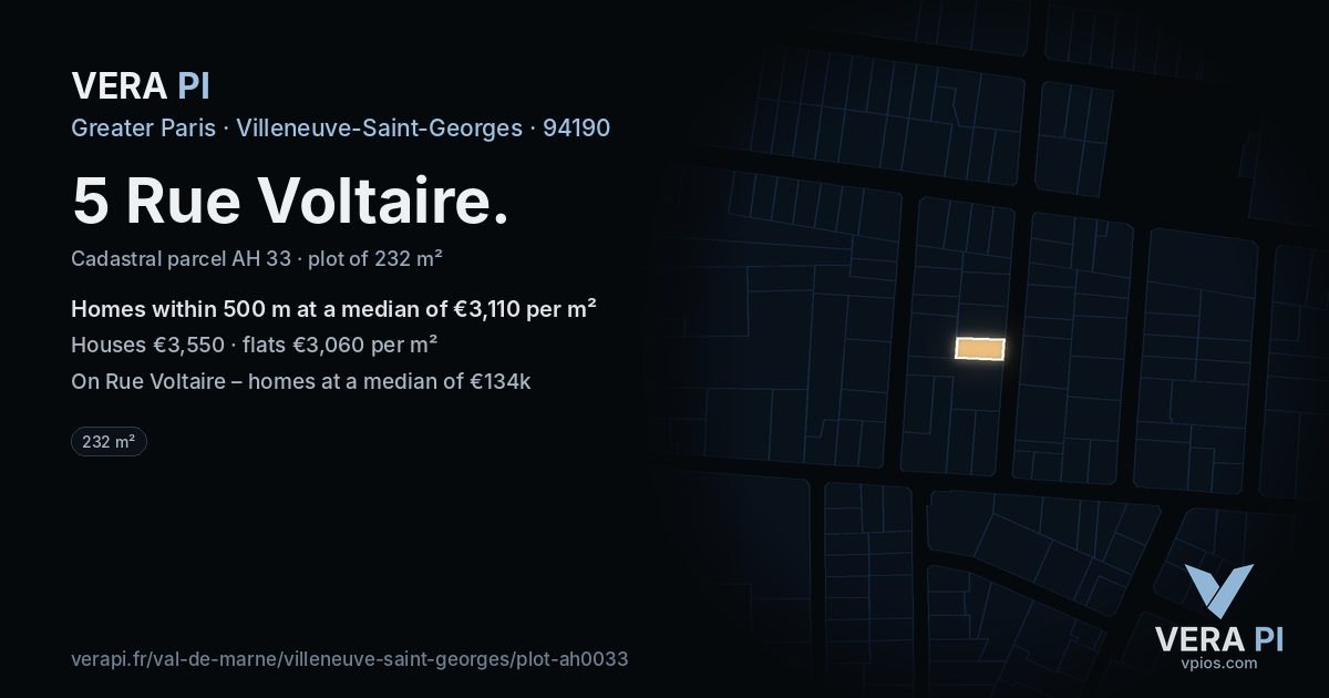 5 Rue Voltaire, Villeneuve-Saint-Georges at night – the plot lit, the parcels around coloured by the prices near them