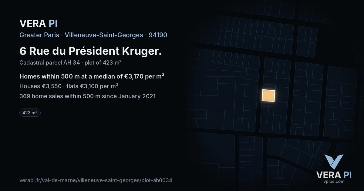 6 Rue du Président Kruger, Villeneuve-Saint-Georges at night – the plot lit, the parcels around coloured by the prices near them