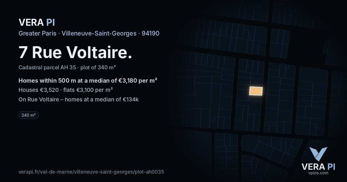 7 Rue Voltaire, Villeneuve-Saint-Georges at night – the plot lit, the parcels around coloured by the prices near them
