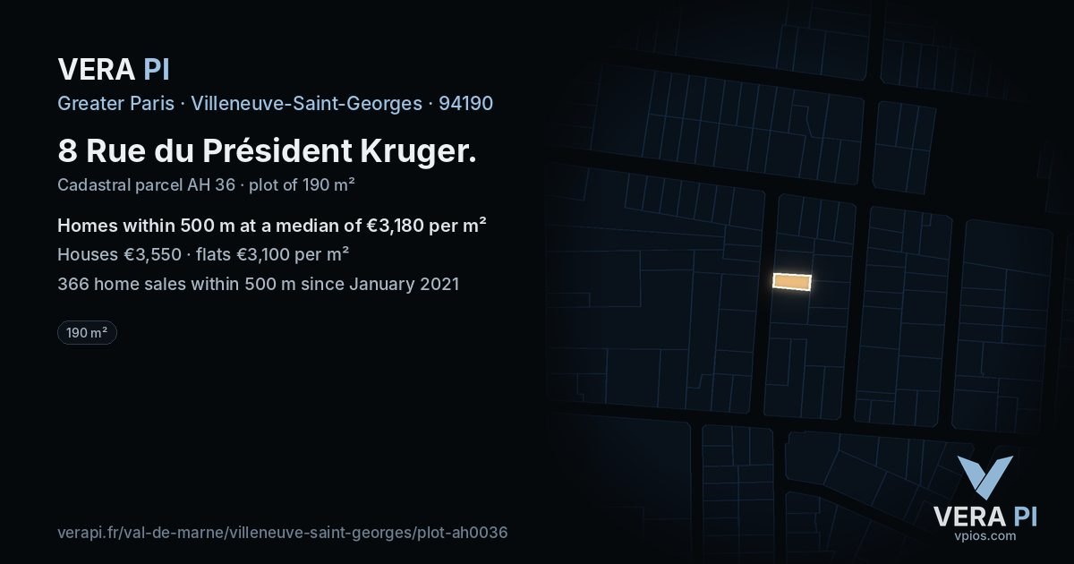 8 Rue du Président Kruger, Villeneuve-Saint-Georges at night – the plot lit, the parcels around coloured by the prices near them
