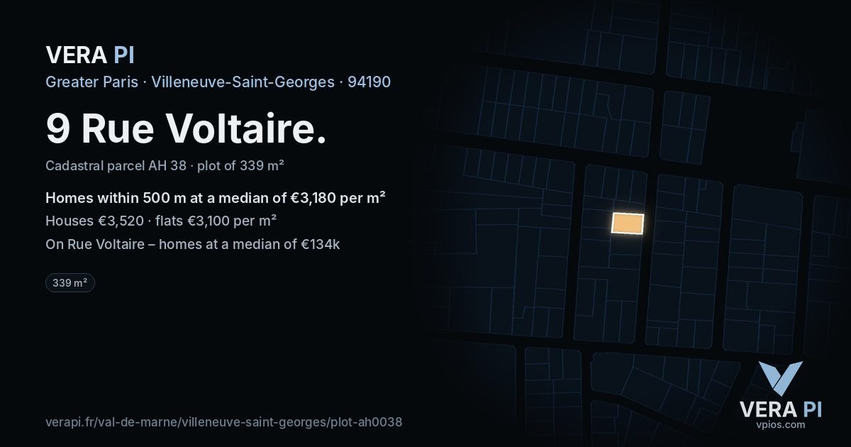 9 Rue Voltaire, Villeneuve-Saint-Georges at night – the plot lit, the parcels around coloured by the prices near them