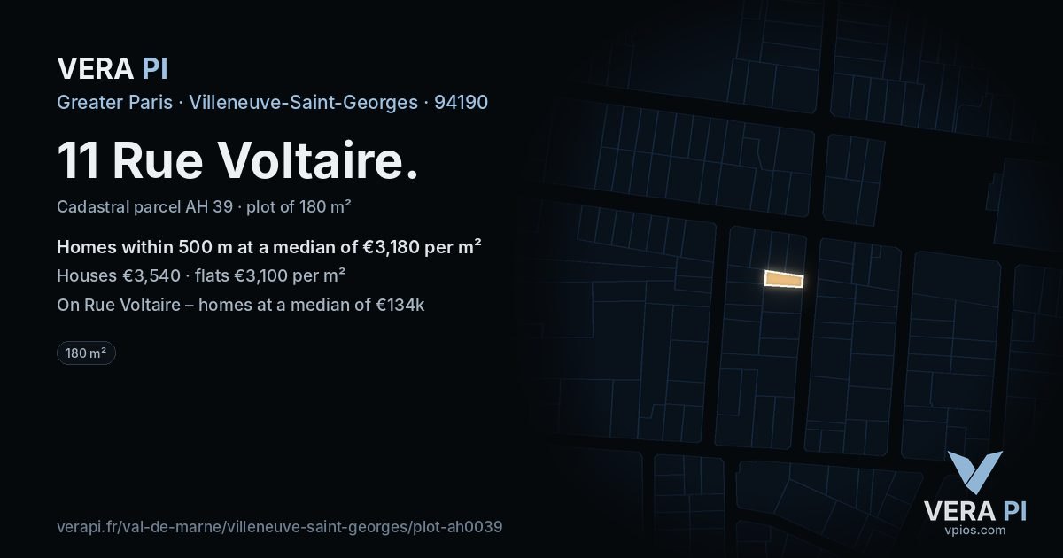 11 Rue Voltaire, Villeneuve-Saint-Georges at night – the plot lit, the parcels around coloured by the prices near them