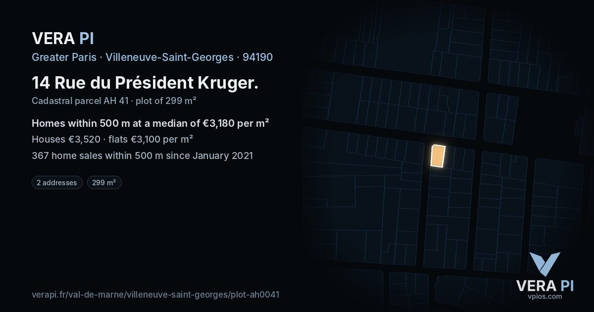 14 Rue du Président Kruger, Villeneuve-Saint-Georges at night – the plot lit, the parcels around coloured by the prices near them