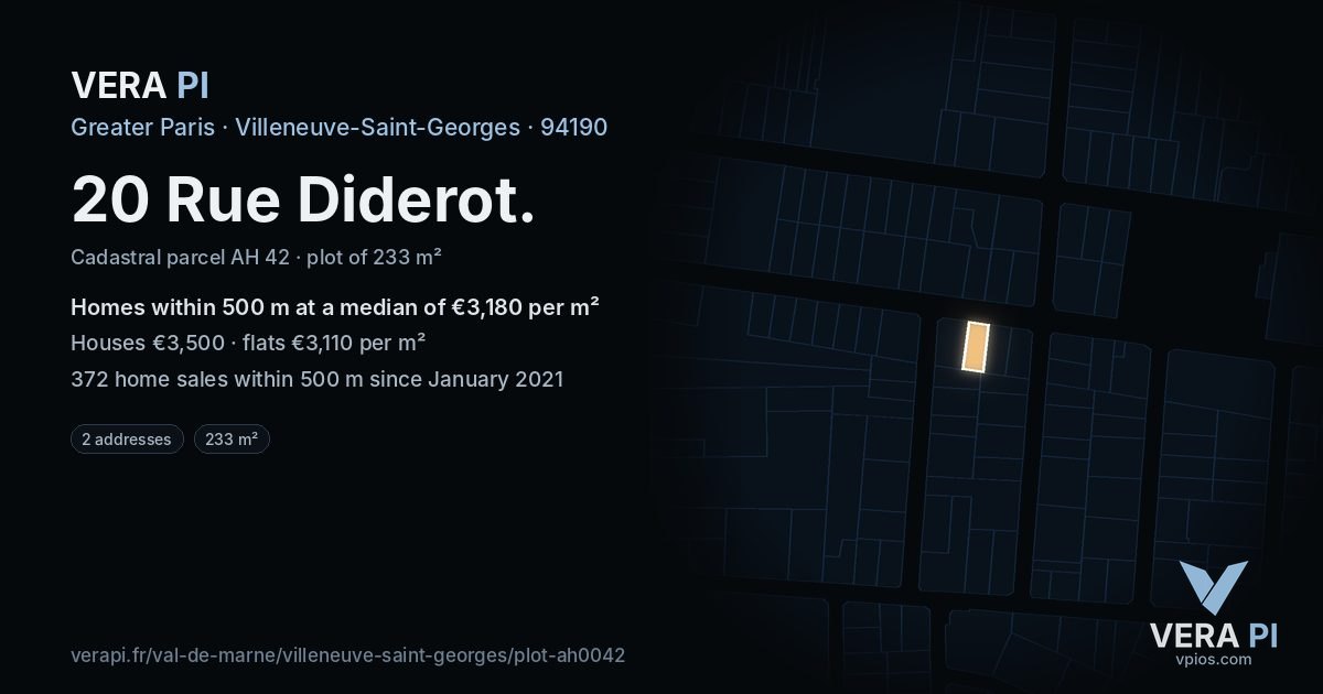 20 Rue Diderot, Villeneuve-Saint-Georges at night – the plot lit, the parcels around coloured by the prices near them