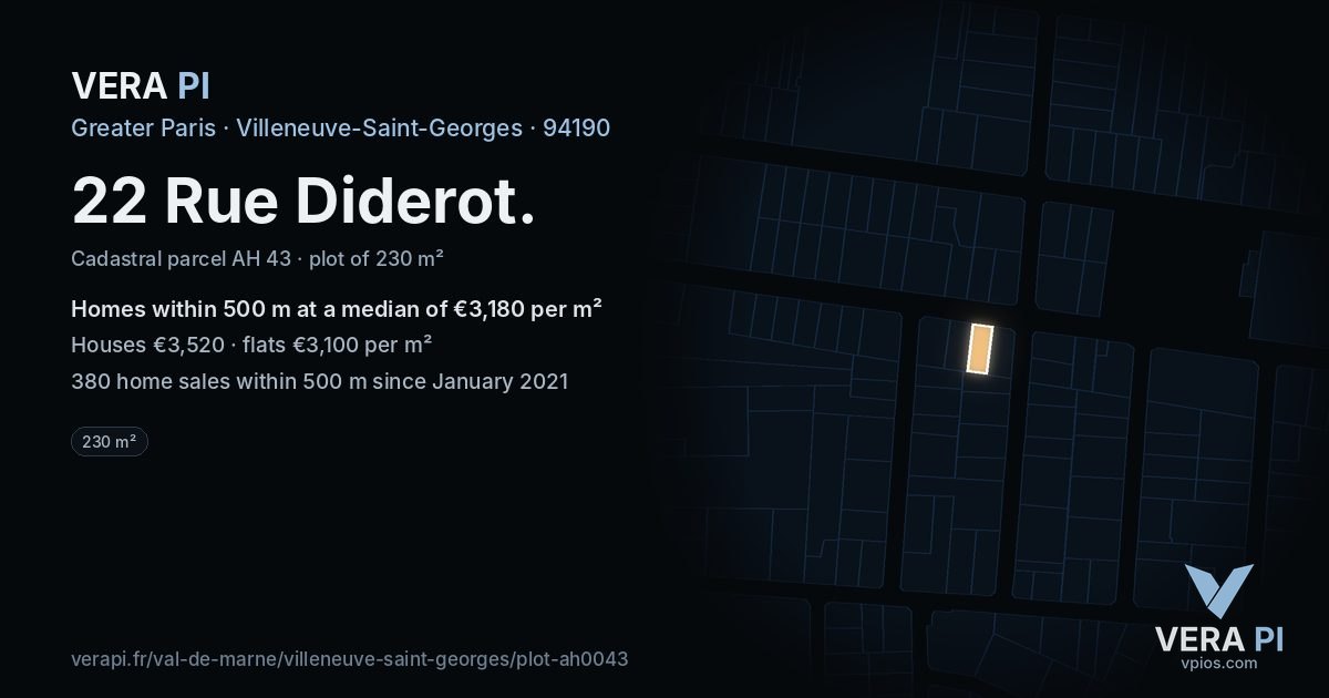 22 Rue Diderot, Villeneuve-Saint-Georges at night – the plot lit, the parcels around coloured by the prices near them