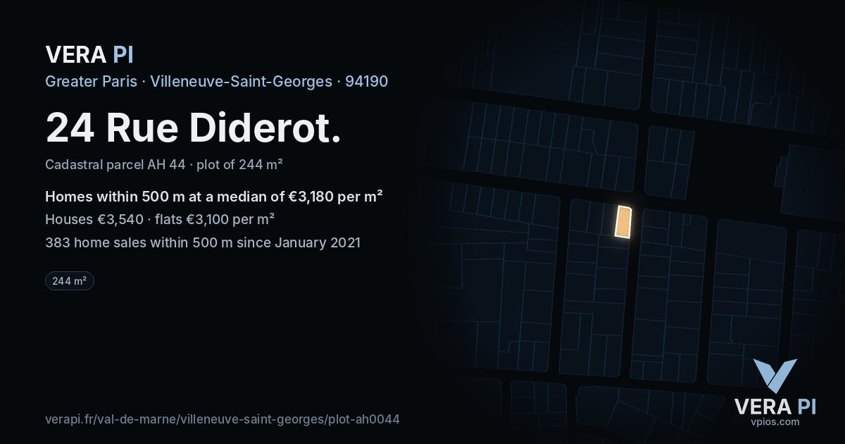24 Rue Diderot, Villeneuve-Saint-Georges at night – the plot lit, the parcels around coloured by the prices near them
