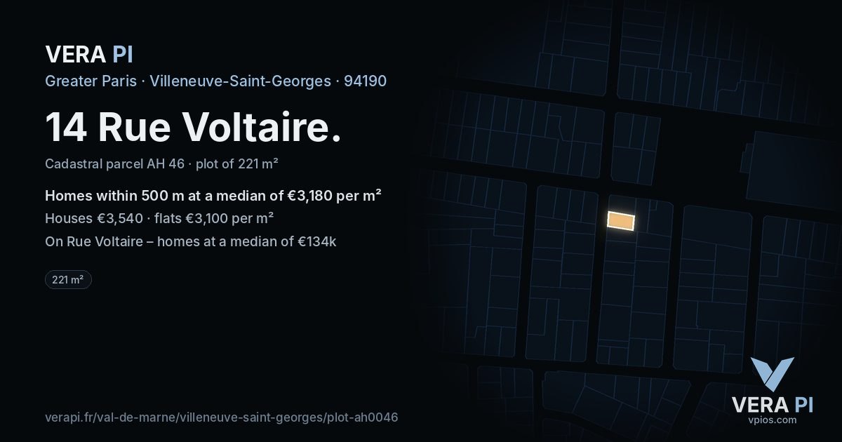 14 Rue Voltaire, Villeneuve-Saint-Georges at night – the plot lit, the parcels around coloured by the prices near them