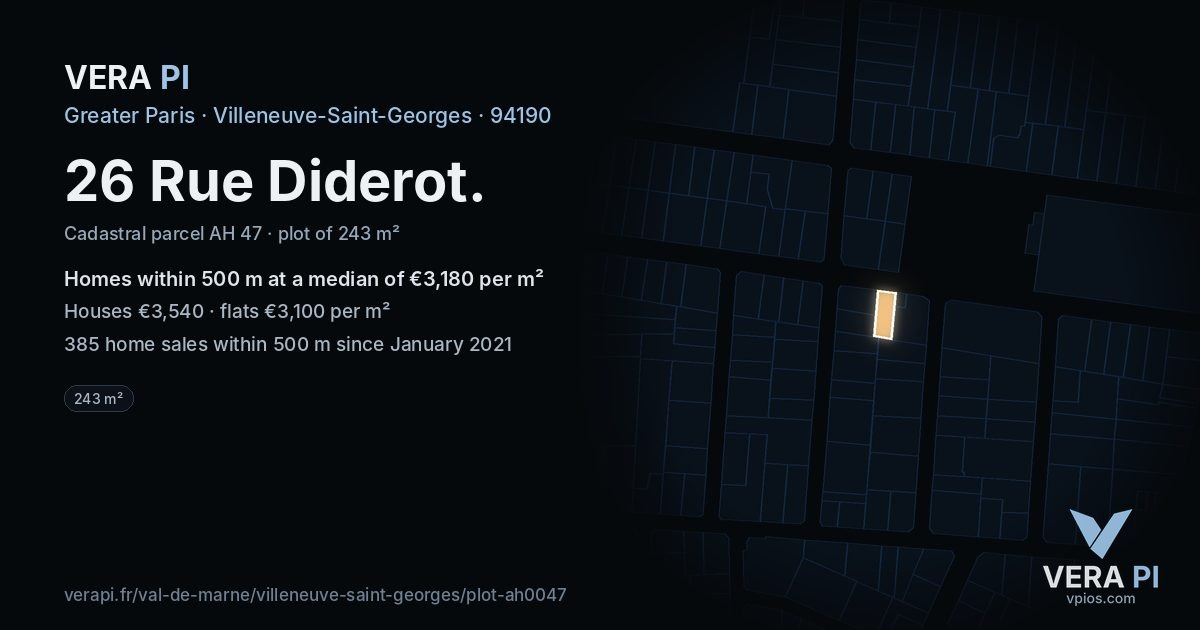 26 Rue Diderot, Villeneuve-Saint-Georges at night – the plot lit, the parcels around coloured by the prices near them
