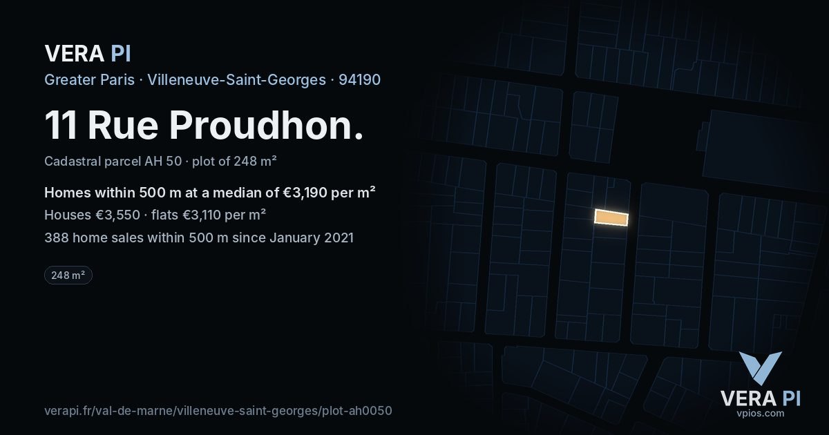 11 Rue Proudhon, Villeneuve-Saint-Georges at night – the plot lit, the parcels around coloured by the prices near them