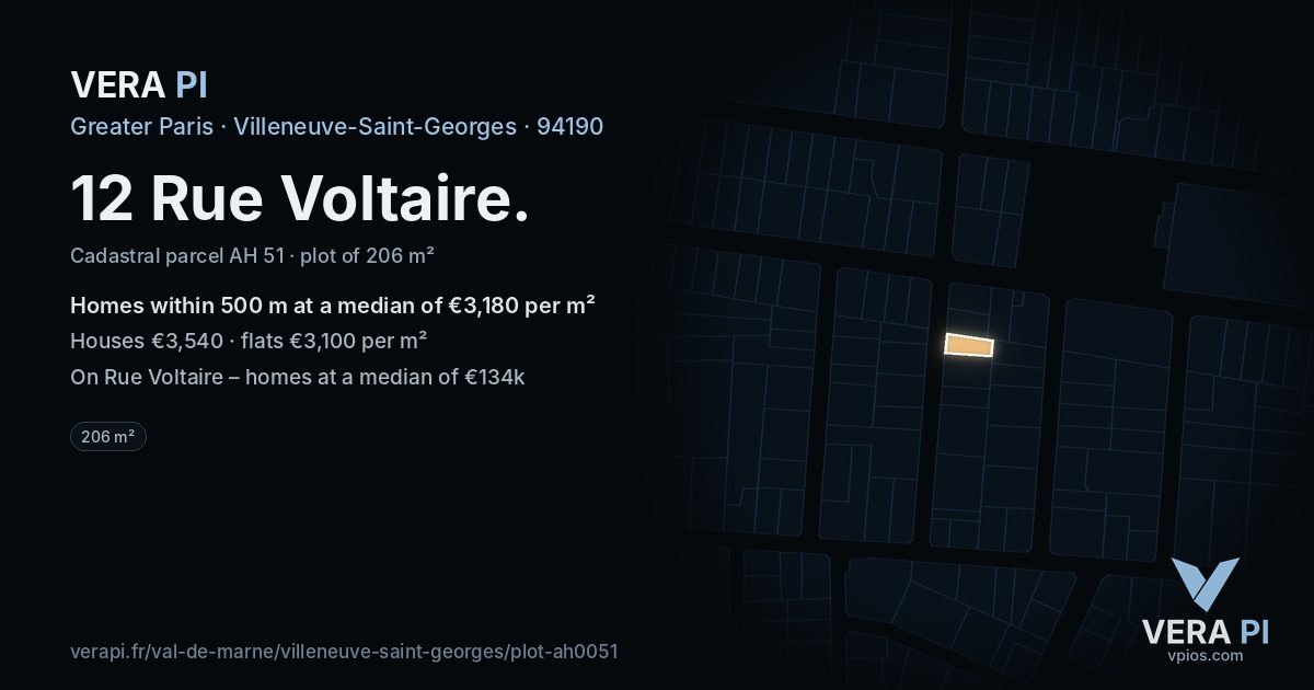 12 Rue Voltaire, Villeneuve-Saint-Georges at night – the plot lit, the parcels around coloured by the prices near them