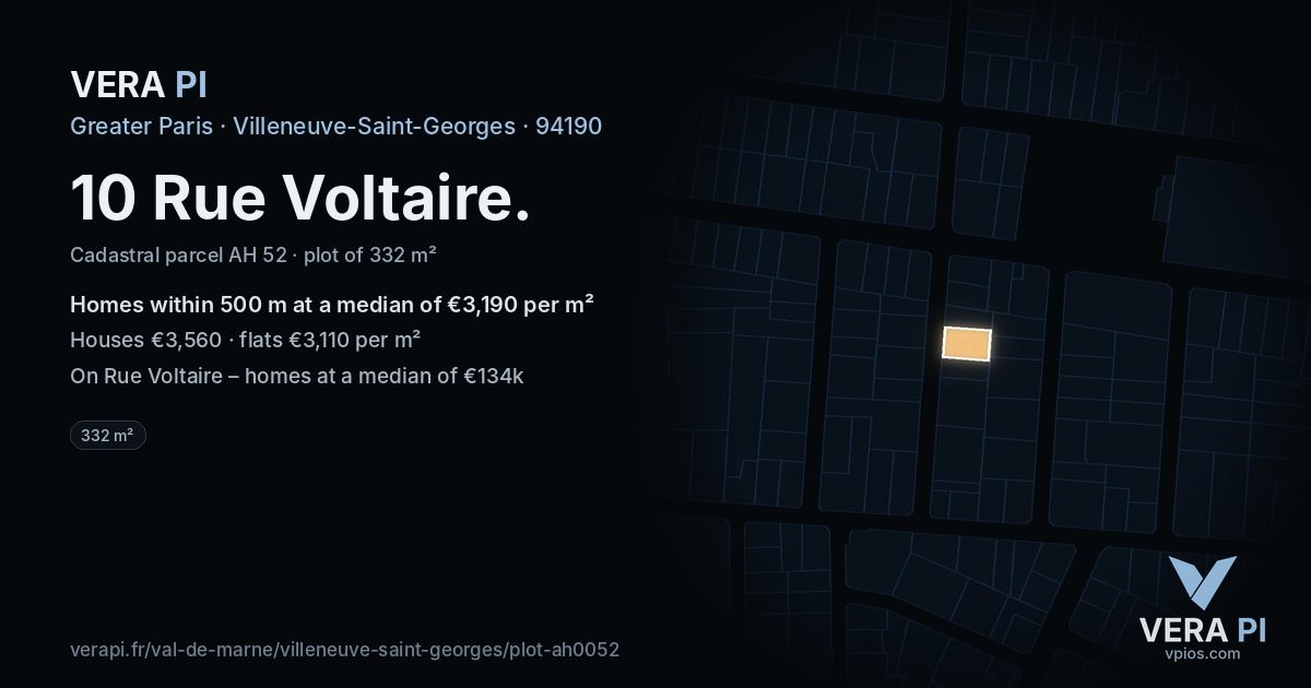 10 Rue Voltaire, Villeneuve-Saint-Georges at night – the plot lit, the parcels around coloured by the prices near them