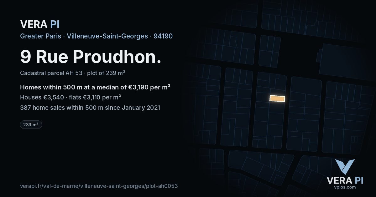 9 Rue Proudhon, Villeneuve-Saint-Georges at night – the plot lit, the parcels around coloured by the prices near them