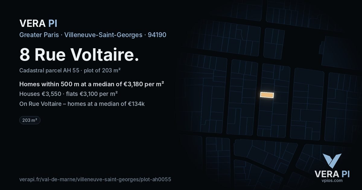 8 Rue Voltaire, Villeneuve-Saint-Georges at night – the plot lit, the parcels around coloured by the prices near them