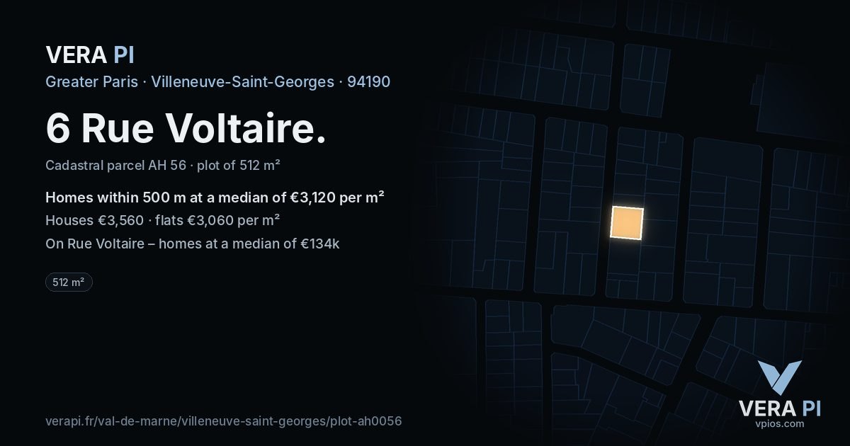 6 Rue Voltaire, Villeneuve-Saint-Georges at night – the plot lit, the parcels around coloured by the prices near them