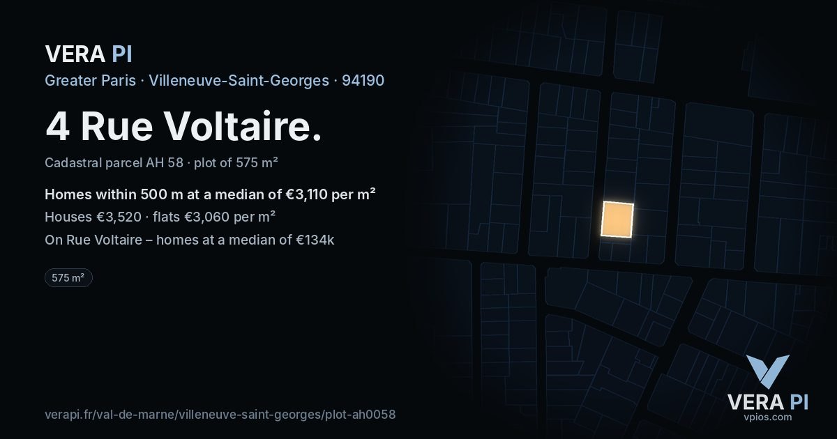 4 Rue Voltaire, Villeneuve-Saint-Georges at night – the plot lit, the parcels around coloured by the prices near them