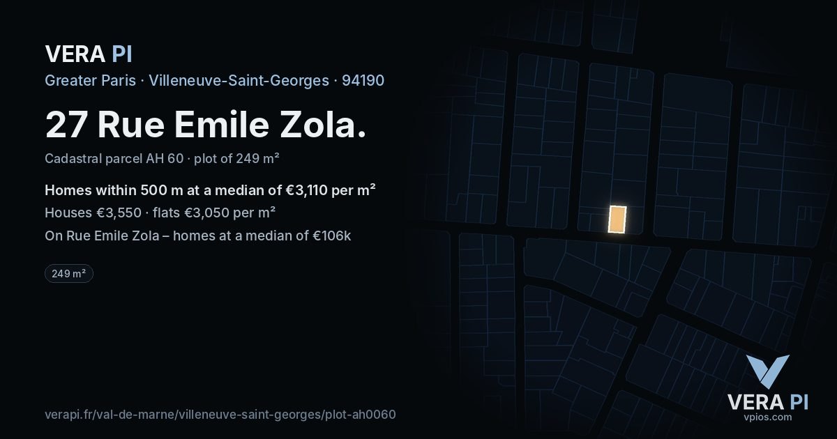 27 Rue Emile Zola, Villeneuve-Saint-Georges at night – the plot lit, the parcels around coloured by the prices near them